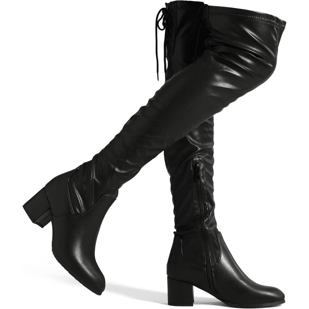Women's Black/Pu Faux Leather Over The Knee Thigh High Chunky Heel Long Boots